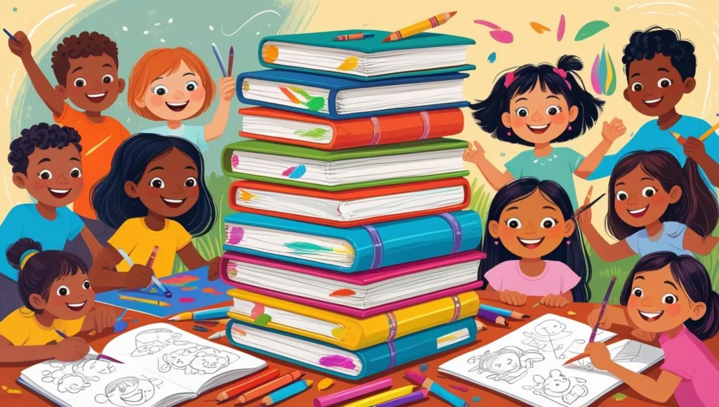Imagen actual: Niña de 5 años desarrollando motricidad fina mientras colorea animales en un cuaderno de dibujo, mostrando concentración y creatividad