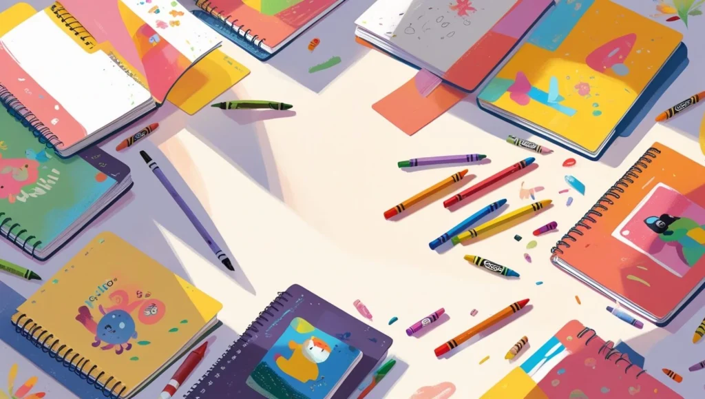 Imagen actual: Padre e hijo creando una historia interactiva con animales coloreados de su cuaderno de dibujo, utilizando técnicas de narración y elementos adicionales para enriquecer la actividad
