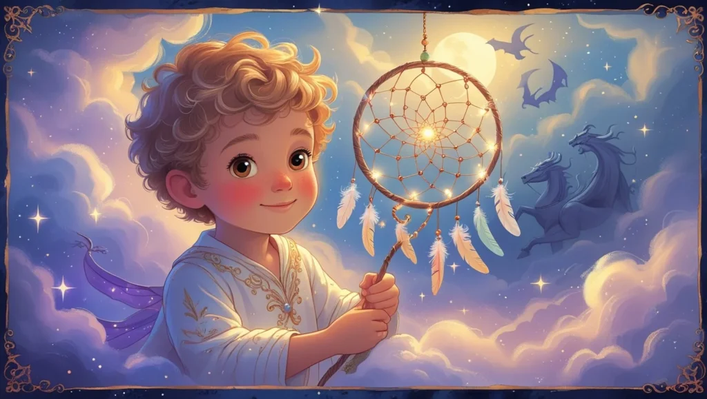 Niño dormido abrazando su manta, mientras un guardián mágico cuida sus sueños en la oscuridad, escena inspirada en cuentos para dormir.