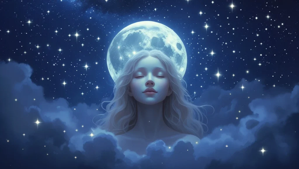 Niña viajando por el cielo nocturno sobre una estrella brillante, rodeada de otras estrellas cantoras y una luna sonriente que ilumina el camino.