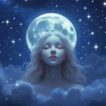 Ilustración infantil de un niño dormido mientras un guardián mágico de los sueños lo protege, inspirada en cuentos para dormir.