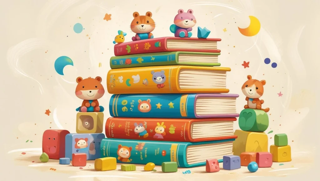 Pila de libros coloridos para bebés con personajes animales encima, rodeados de bloques y juguetes.