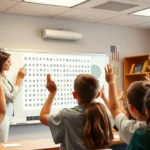 Maestra enseña Sopas de Letras para Imprimir con letras gigantes en el pizarrón a estudiantes de primaria en el aula.