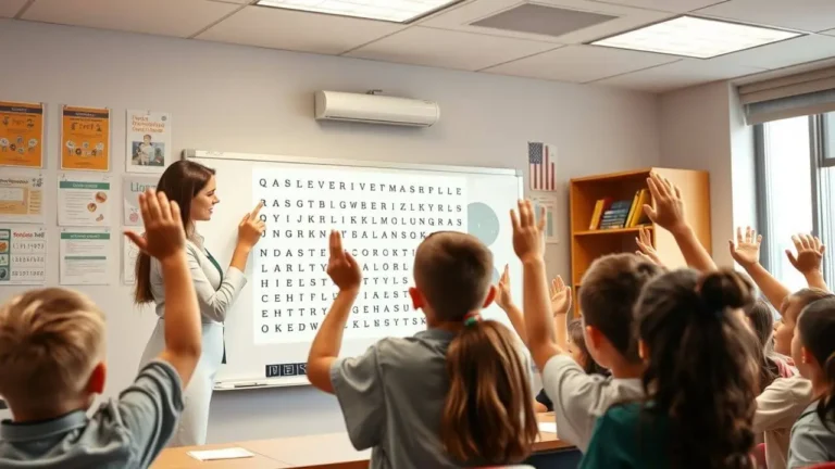 Maestra enseña Sopas de Letras para Imprimir con letras gigantes en el pizarrón a estudiantes de primaria en el aula.