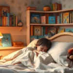 Niña durmiendo en una cama rodeada de libros y los cuentos para dormir, peluches en una habitación acogedora.