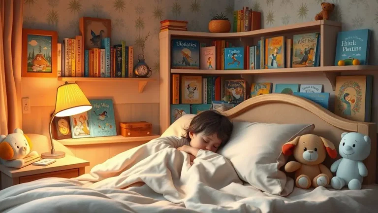 Niña durmiendo en una cama rodeada de libros y los cuentos para dormir, peluches en una habitación acogedora.