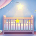 Habitación de bebé acogedora con cuna, peluches y decoración celestial para crear un ambiente ideal para leer cuentos antes de dormir.