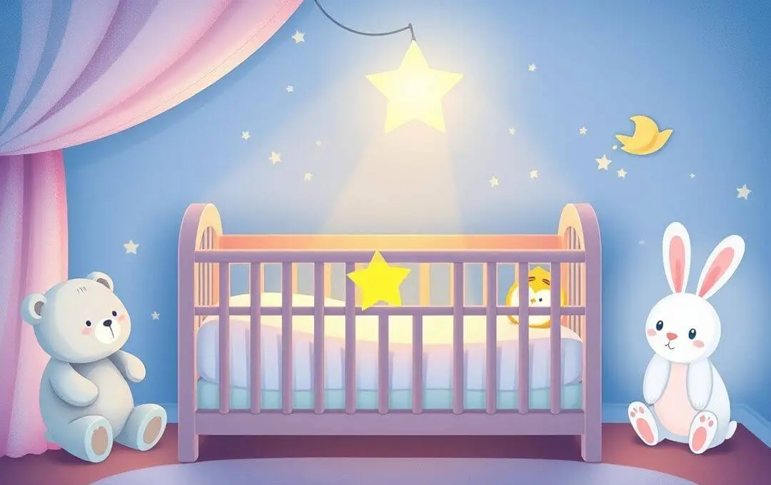Habitación de bebé acogedora con cuna, peluches y decoración celestial para crear un ambiente ideal para leer cuentos antes de dormir.