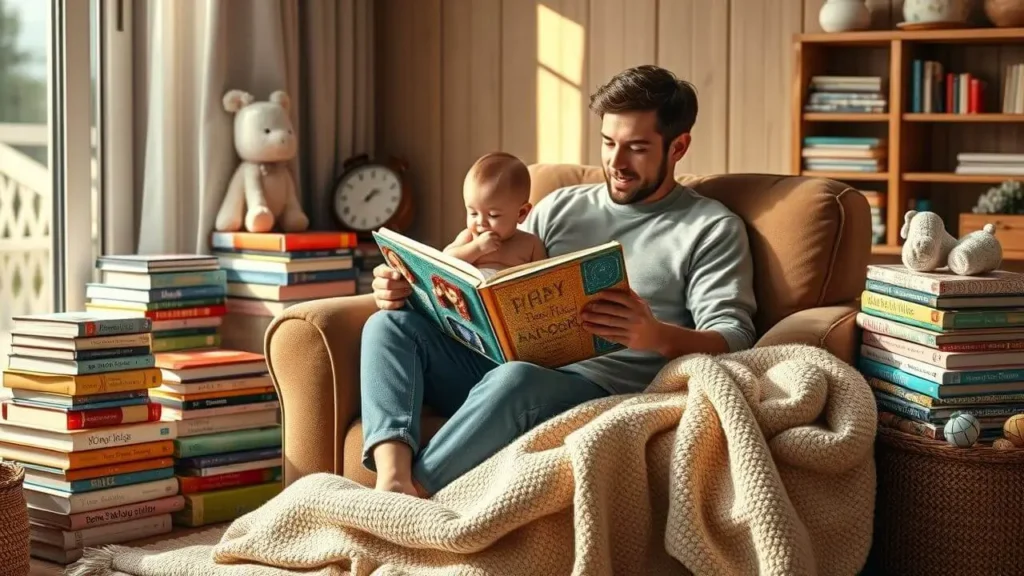 Padre sentado en un sillón leyendo un cuento para bebés mientras sostiene a su hijo recostado sobre su pecho.