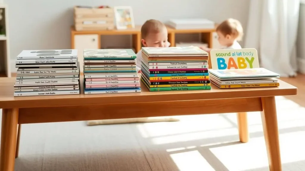 Mesa con varias pilas de libros infantiles clasificados por edad, ideal para elegir los mejores cuentos para bebés según su fase de crecimiento.